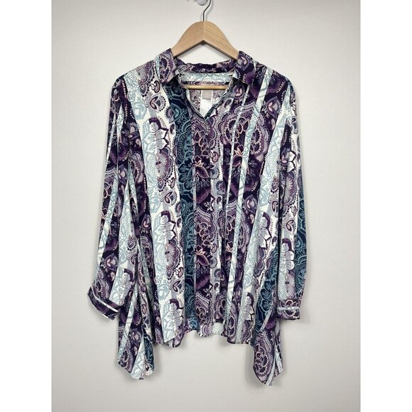 Chico's Tops - Chicos Shirt Women Size 3 Petite Purple Paisley Button Down Tunic Lightweight XL